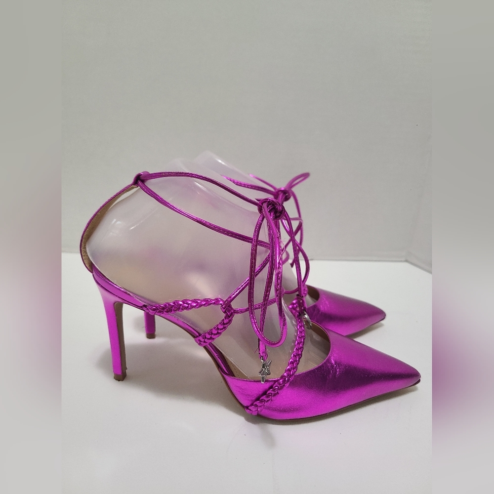 Schutz Lunah Metallic Bright Violet Lace Up Strappy High Stiletto Heels Size 8.5 - Picture 4 of 11